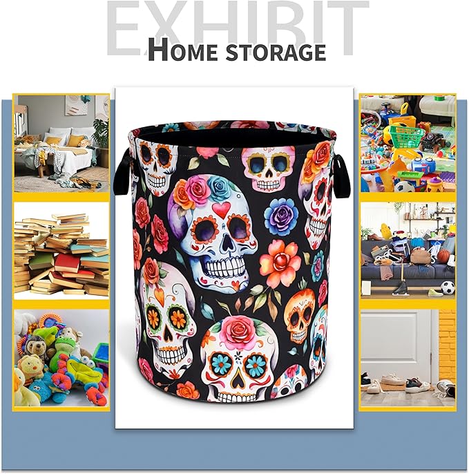 Sugar Skull Laundry Basket Skeleton Foldable Waterproof Oxford Cloth Funny Tote Bag Laundry Hamper Clothes Storage Bucket Toy Organizer For Bathroom/Laundry Storage/Bedroom 18.9x16.5 Inch