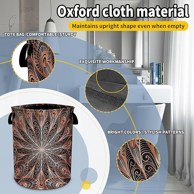 Mandala Laundry Basket Black Gold Peacock Feathers Foldable Oxford Cloth Funny Tote Bag Laundry Hamper Clothes Storage Bucket Toy Organizer For Bathroom/Laundry Storage/Bedroom 18.9x16.5 In