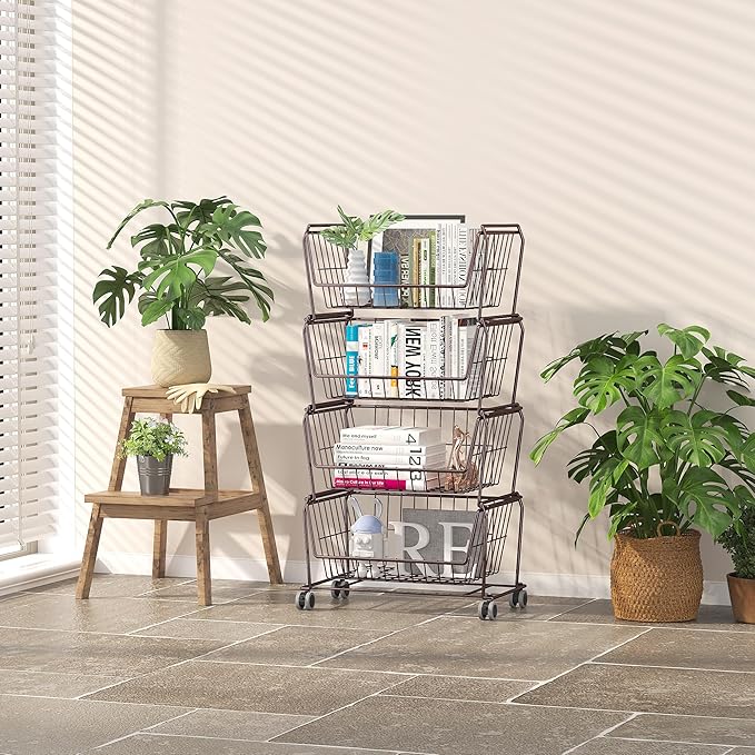 PUSDON 4-Tier Stackable Metal Storage Baskets, Anti-Rust Fruit Vegetable Rack, Dual Use Shelf for Kitchen, Home & Office, Bronze