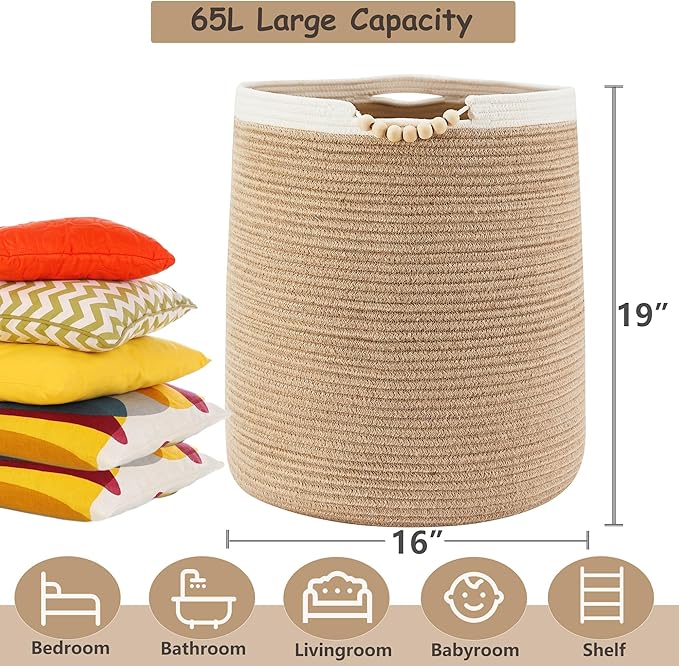 65L Woven Jute Laundry Hamper Basket for Clothes Boho Wicker Rope Baskets for Blanket in Living Room Bedroom Baby Nursery Hamper Bin for Kids 16"Wide 19"Tall