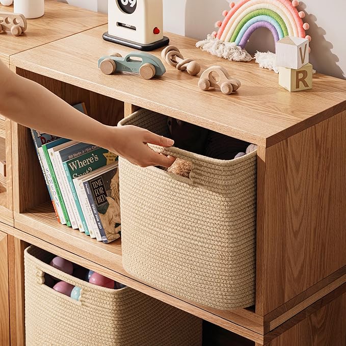 UBBCARE Set of 4 Storage Basket-13 X 13 X 13 In, Cotton Rope Basket for Shelves, Toys, Book, Cube Storage Bins with Handles, Woven Storage Basket for Organizing, Brown