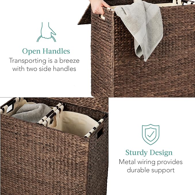Best Choice Products Large Double Laundry Hamper with Lid, Natural Handwoven Water Hyacinth, 2 Sections w/ 2 Machine Washable Linen Liner Bags, Portable, Handles - Espresso