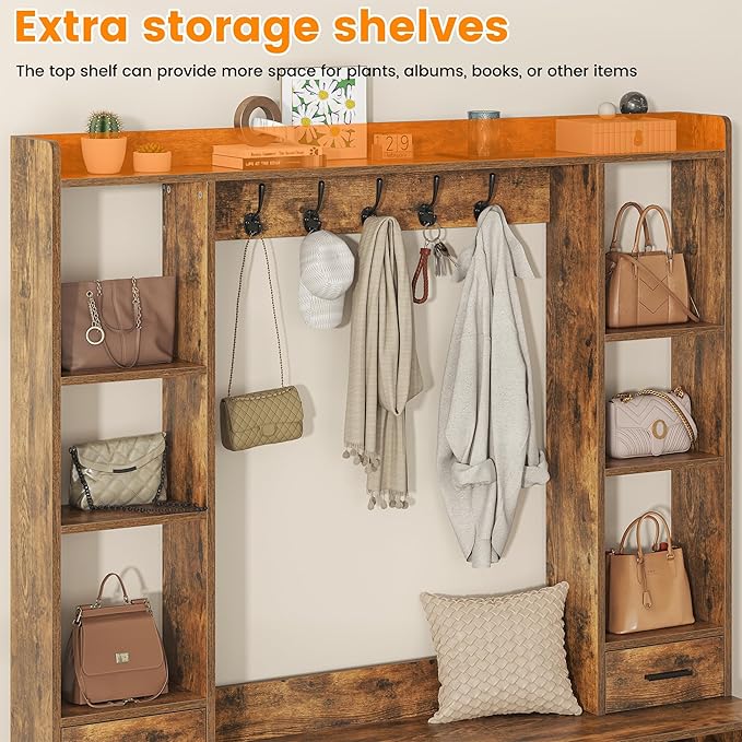 Semoic 61.6” Farmhouse Hall Tree with 2 Independent Drawers,6-in-1 Entryway Bench with Coat Rack Adjustable Shoe Storage for Foyer/Hallway,Retro