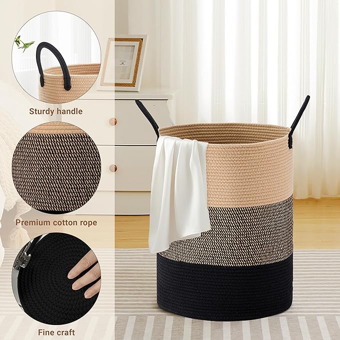 Tall Laundry Basket with Handles, 58L Portable Dirty Clothes Hamper, Boho Cotton Rope Storage Bin for Blankets Kids Toys Gifts, Decorative Organizer for Nursery Bedroom Bathroom, Brown & Black