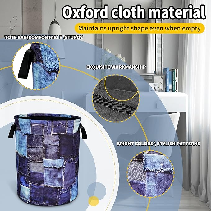 Blue Denim Pattern Laundry Basket Patchwork Design Foldable Oxford Cloth Funny Tote Bag Laundry Hamper Clothes Storage Bucket Toy Organizer For Bathroom/Laundry Storage/Bedroom 18.9x16.5 In