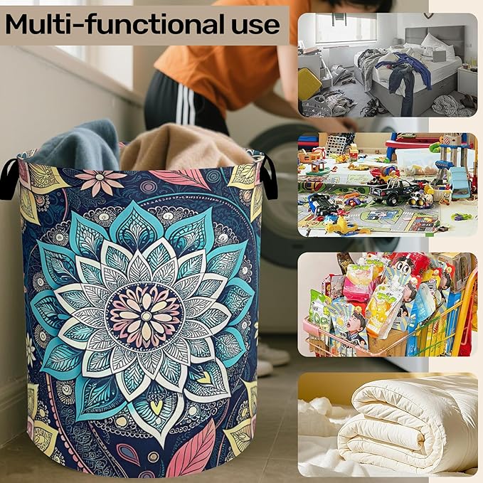 Bohemian Blue Flowers Laundry Basket, Dirty Clothes Basket, Water Resistant Foldable Hamper for Women, Storage Basket for Bedroom, Bathroom, Clothes