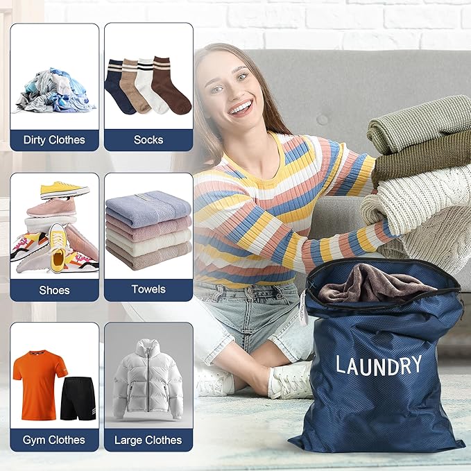 4Pcs Travel Laundry Bags, Dirty Clothes Travel Bag, Waterproof Wet Bags with Zips, Reusable Wet Dry Bag for Swimming Yoga Dance Clothes (Blue)