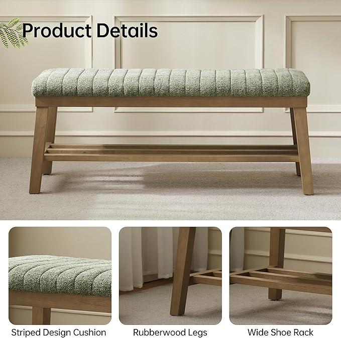 VKNOW Entryway Bench, 44.4" Upholstered Storage Shoe Bench for Entryway & Bedroom, Shoe Rack Bench with Rubberwood Legs, Modern End of Bed Bench for Living Room and Hallway, Green