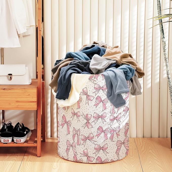 Pink Laundry Basket for Bedroom,Dirty Clothes Basket,Laundry Basket with Handles,Kids Girls Room Canvas Hamper Bag,Blankets,Towel,Toy Storage Organizer