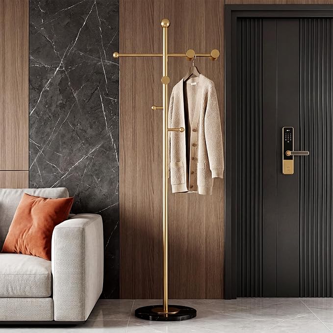 68.9 Inch Tall modern Coat Rack,Gold coat tree freestanding heavy duty,Heavy-Duty Metal Coat Rack Stand with Sturdy Marble Base for Entryway,Hallway,Bedroom,Holds Coats Hats Bags Scarves