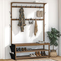 AMBIRD 6-in-1 Bamboo Hall Tree with Shoe Storage, Entryway Organizer Shoe Bench with 16 Coat Hooks and Cloth Bag, Sturdy Bamboo Storage Bench, 46 * 15 * 70 inches Brown