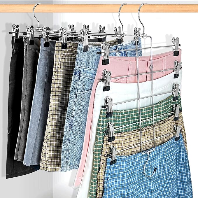6 Piece Pants Hangers Space Saving,Skirt Hanges with Clips 5 Tier,Closet Organizers and Storage Magic Hangers,Clothes Hangers Space Saver,Closet Organization for Skirt,Trousers,Jeans,Legging