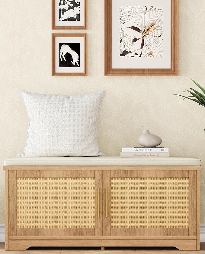 Rattan Shoe Storage Bench with Cushion, 39.4" Wide Entryway Bench with Adjustable Shelf, Hidden Shoe Organizer Cabinet, for Hallway, Living Room, Bedroom, Natural Oak
