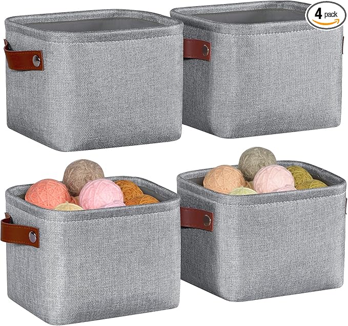 Kntiwiwo Small Fabric Storage Bins, 7.8x6.7x5.9 inch Mini Storage Cubes 4-Pack Storage Basket for Makeup Collapsible Fabric Storage Organizer with Handles, Decorative Basket for Desk, Shelves, Grey