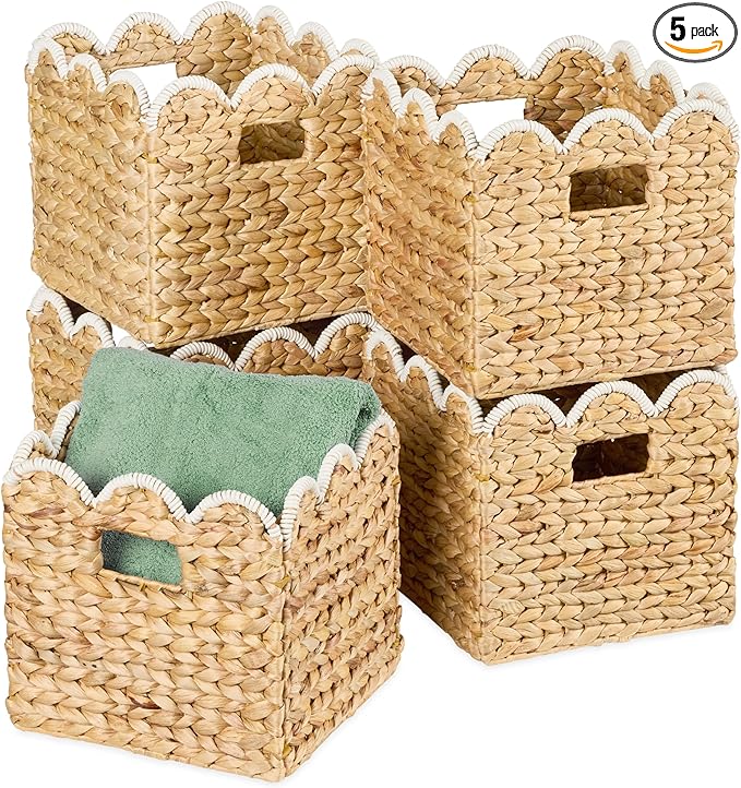 Best Choice Products 12 x 12in Scalloped Hyacinth Baskets, Rustic Set Of 5 Multipurpose Collapsible Storage Organizer, Handwoven Laundry Totes for Bedroom, Living Room, Shelves - Natural w/White Trim