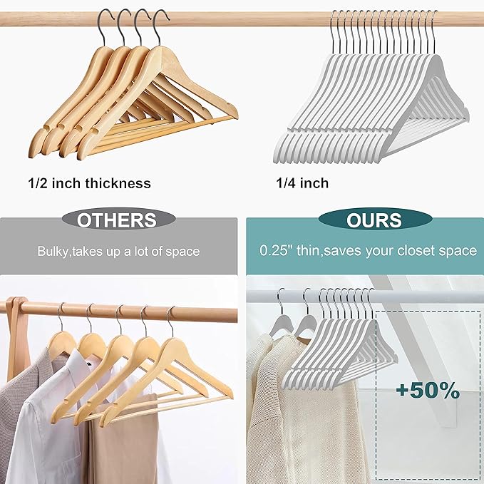 20 Luxury Slim Space Saving Wooden Clothes Hanger with Squared Pant Bar Best for Shirts, Blouses, Pant, Dress, Hangers White (White - Shirt with Pant Bar, 20)