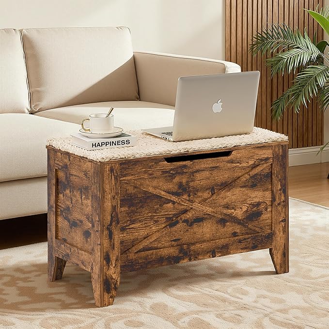 VECELO 30" Storage Bench, Shoe Bench with Handwoven Wicker Cushion, Ottoman Storage Trunk with Safety Hinges, Ideal for Entryway, Bedroom, Living Room, Brown