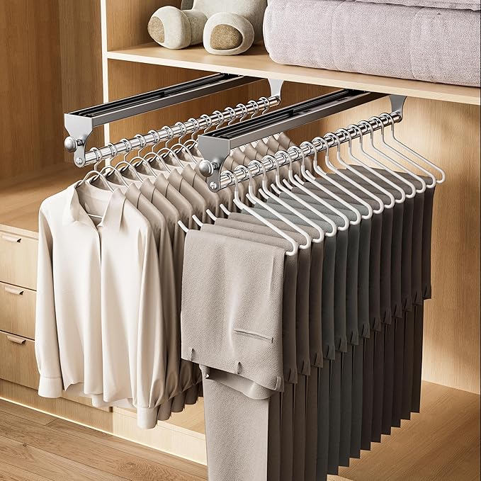 Pull Out Closet Rod, 15.7inch Heavy Duty Pants Rack, Adjustable Clothes Hanger Rail, Space Aluminum Valet Rod, Top Mounted Wardrobe Clothes Organizer, Closet Storage for Trousers Coats Gray