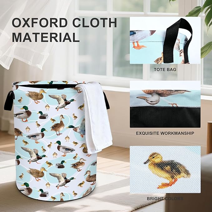 Green Duck Laundry Basket Storage Bin Foldable Laundry Hamper Clothes Storage Bucket Organizer 19.6x15.7 Inch For Laundry Room/Bedroom/Bathroom