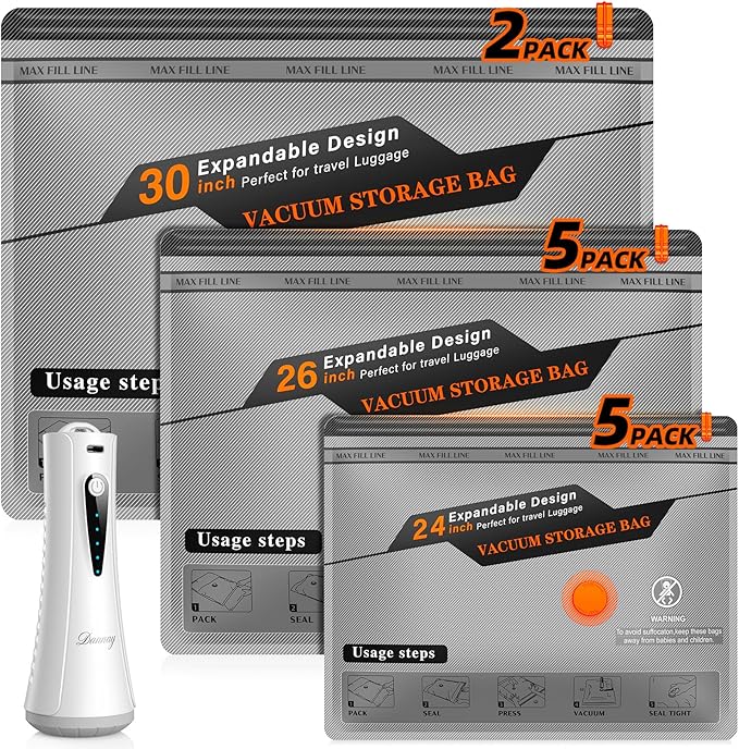 Vacuum Storage Bags for Travel with Rechargeable Air Pump, 12 Pack Space Saver Bags for Clothing, Luggage & Suitcase Compression, Efficient & Portable Storage Solution for Travel Essentials