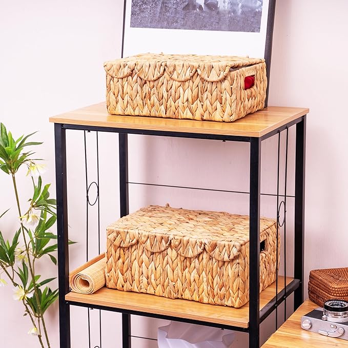 Set of 2 Scalloped Edge Wicker Basket with Lids, Rectangle Wicker Storage Basket with Built-in Handles, Multipurpose Organizer Rattan Display Boxes for Shelf, Nursery Room