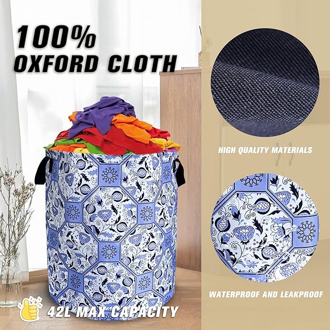 Chinoiserie Style Blue And White Porcelain Laundry Basket Foldable Oxford Cloth Funny Tote Bag Laundry Hamper Clothes Storage Bucket Toy Organizer For Bathroom/Laundry/Bedroom 18.9x16.5 In