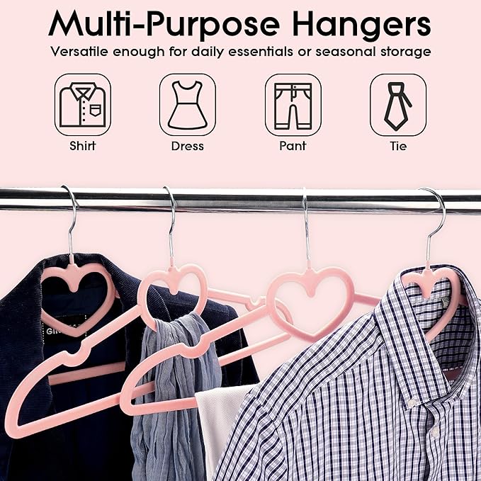 Velvet Clothes Hangers 20 Pack – 16" Non-Slip Slim ABS Hangers with 360° Swivel Hook and Heart Accent, Dry Use for Shirts, Dresses, Pants, Ties – Pink