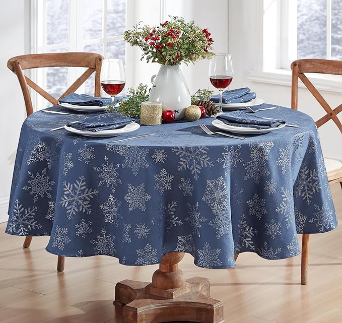 Newbridge Fancy Metallic Snowflake Christmas Fabric Tablecloth, 70 Inch Round, Navy Silver, No-Iron Soil Resistant Sparkling Snowflakes Woven Holiday Table Cover