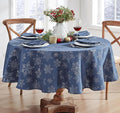 Newbridge Fancy Metallic Snowflake Christmas Fabric Tablecloth, 70 Inch Round, Navy Silver, No-Iron Soil Resistant Sparkling Snowflakes Woven Holiday Table Cover