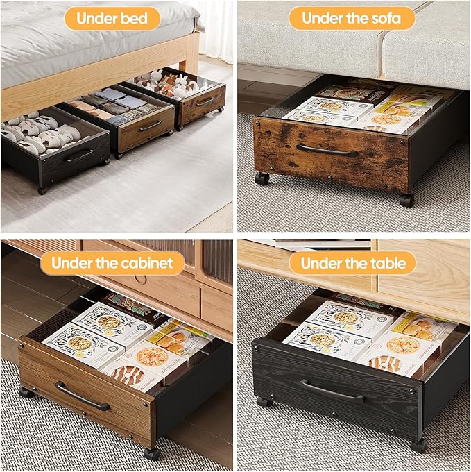 KITHELP Wooden Under Bed Storage with Wheels, Rolling Under the Bed Storage Bins with Removable Lid, Metal Under Bed Drawers for Clothes and Shoes in Bedroom or Living Room(Black Wood-2pack)
