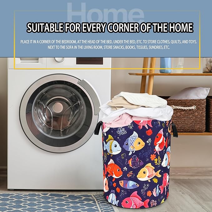 Fish Laundry Basket Funny Cartoon Foldable Oxford Cloth Tote Bag Laundry Hamper Clothes Storage Bucket Toy Organizer For Bathroom/Laundry Storage/Bedroom 18.9x16.5 Inch