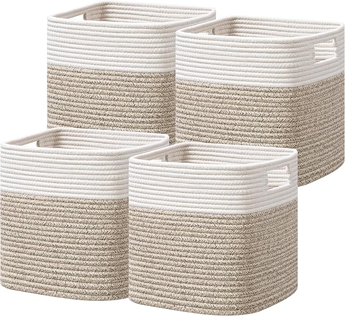 UBBCARE Set of 4 Storage Cubes-13 X 13 X 13 In, Cotton Rope Basket for Shelves, Toys, Book, Cube Storage Bin with Handles, Woven Storage Basket for Organizing, White/Brown