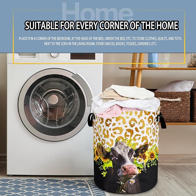 Cow Laundry Basket Sunflower Leopard Print foldable Oxford Cloth Funny Tote Bag Laundry Hamper Clothes Storage Bucket Toy Organizer For Bathroom/Laundry Storage/Bedroom 18.9x16.5 Inch