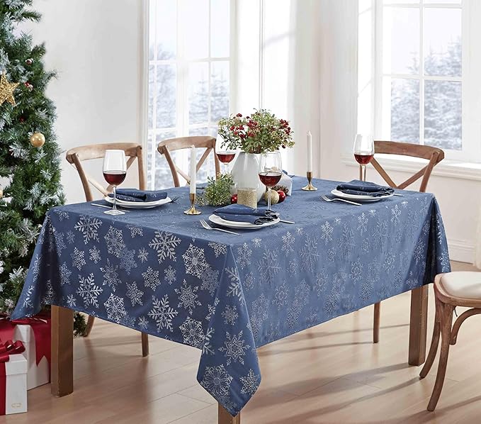 Newbridge Fancy Metallic Snowflake Christmas Fabric Tablecloth, 52 x 52 Inch Square, Navy Silver, No-Iron Soil Resistant Sparkling Snowflakes Woven Holiday Table Cover