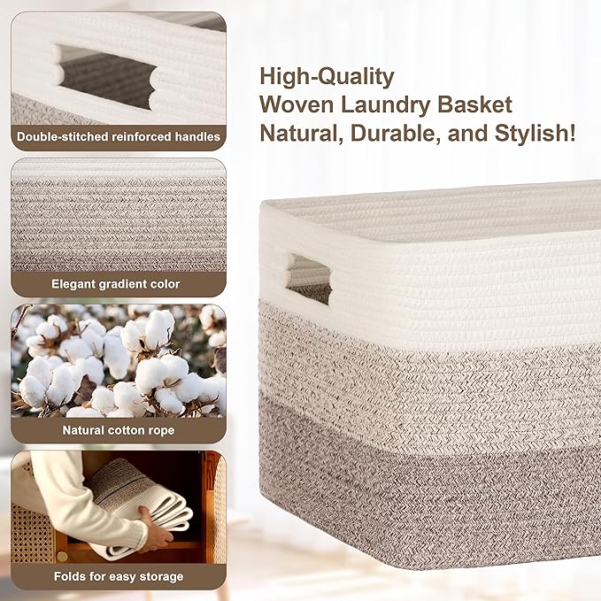 60L Laundry Basket with Leather Handles for Living Room Storage, Woven Rope Baskets Bin for Blanket, Kids Toy, Gifts, Wicker Hamper for Bedroom Dirty Clothes, Gradient Brown