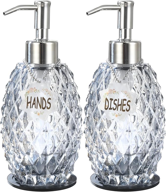 MALACHI Soap Dispenser Set, Crystal-Textured Diamond Glass with Rustproof Stainless Steel Pump, Dual-Labelled Hand & Dish Soap Dispenser for Kitchen & Bathroom
