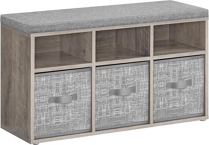 VASAGLE Shoe Bench with Cushion, Shoe Storage Bench with 6 Compartments and 3 Adjustable Shelves, Entryway Bench with 3 Storage Boxes, for Bedroom, Closet, Living Room, Heather Greige ULSB101K01