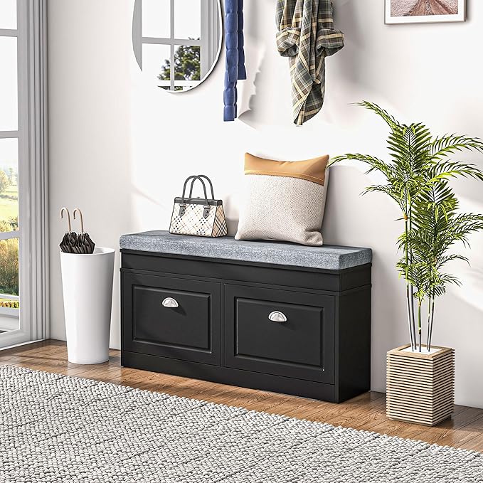 HOMCOM Modern Shoe Rack Bench for Entryway, Storage Organizer with Cushion, 2 Drawers, Adjustable Shelf, Holds 8 Pairs, Black