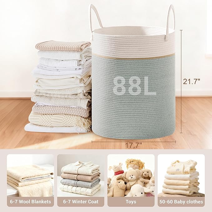 Tall Laundry Basket with Handles, 88L Portable Dirty Clothes Hamper, Boho Cotton Rope Storage Bin for Blankets Kids Toys Gifts, Large Organizer for Baby Nursery Bedroom Bathroom, Sage Green
