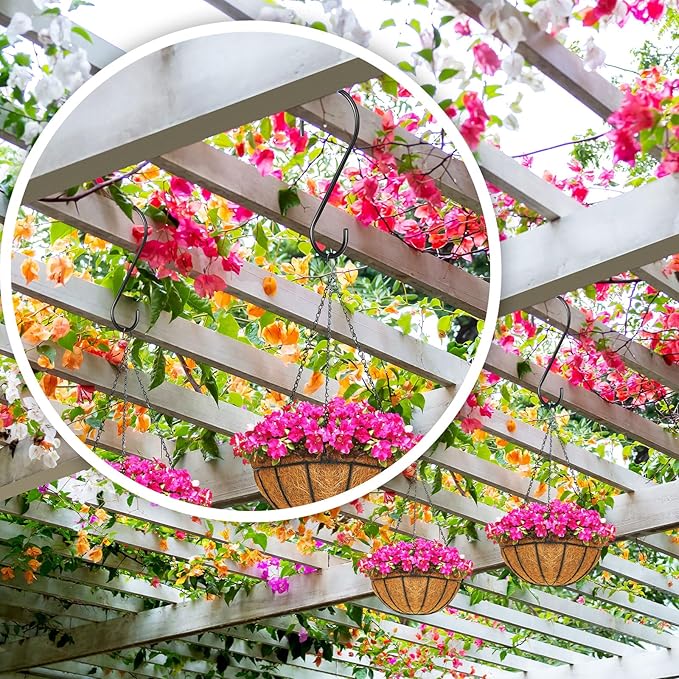24 Pack 12 Inch Large S Hooks for Hanging Plants, Heavy Duty Black Metal Hangers for Pergola Garage Organization Bird Feeders Closet Rod Vinyl Coated Non Slip Utility Hooks