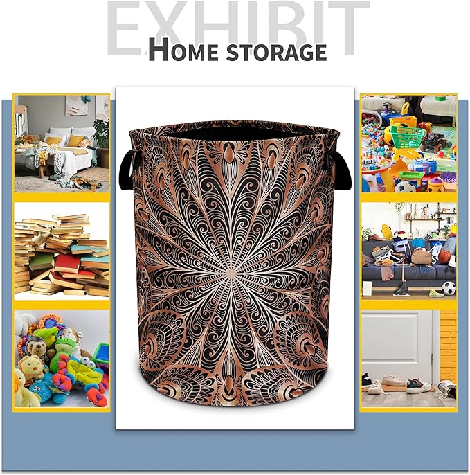 Mandala Laundry Basket Black Gold Peacock Feathers Foldable Oxford Cloth Funny Tote Bag Laundry Hamper Clothes Storage Bucket Toy Organizer For Bathroom/Laundry Storage/Bedroom 18.9x16.5 In