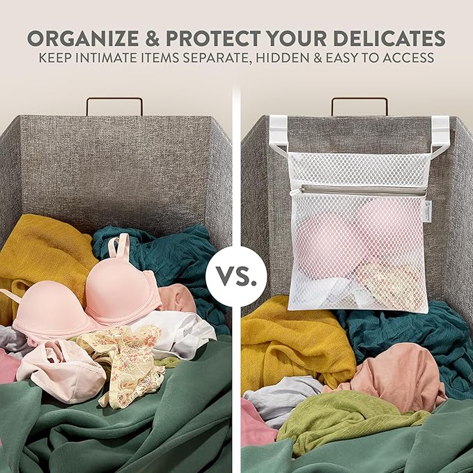 2Pcs Mesh Laundry Bags for Delicates w/Hooks, Hanging Durable Laundry Mesh Wash Bags Attachable Inside Laundry Basket, Lingerie Bags for Washing Bras, Socks – 12x10 Washable Laundry Bag