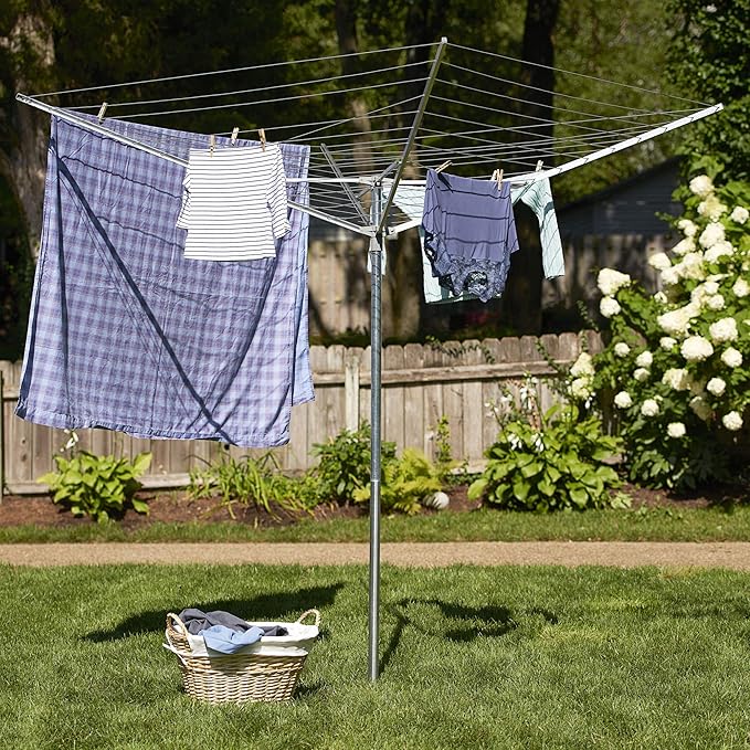 Household Essentials 17120-1 Rotary Outdoor Umbrella Drying Rack | Aluminum Arms and Steel Post | 12-Lines with 165 ft. Clothesline