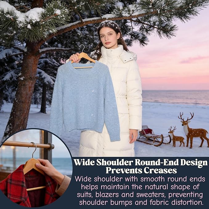 Luxury Wide Shoulder Wooden Suit Hangers with Pants Bar, Solid Wood Jacket Clothes Hangers Smooth Finish for Sweater Dress Pants Sport Coats (Natural, 6 Pack)