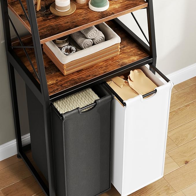 Laundry Basket, 2 Section Laundry Hamper with 4 Tiers Shelf, Pull-Out and Removable Laundry Bags, Large 2 x 15.87 Gallons, for Bedroom Bathroom Rustic Brown PF11XLN