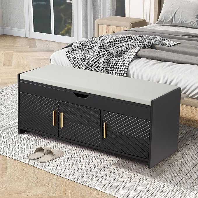 ECOTOUGE Shoe Storage Bench, Shoe Bench with Lift Top Storage, Wooden Entryway Bench with Cushioned Seat, Adjustable Shelf for Living Room, Bedroom, Hallway, Black