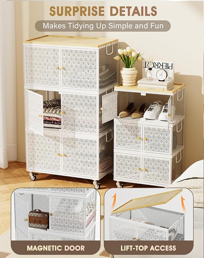 3 Tier Metal Storage Cabinet with wheels, Storage Bins with Magnetic Doors, Storage Cart for Living Room, Bedroom, Bathroom, Kitchen