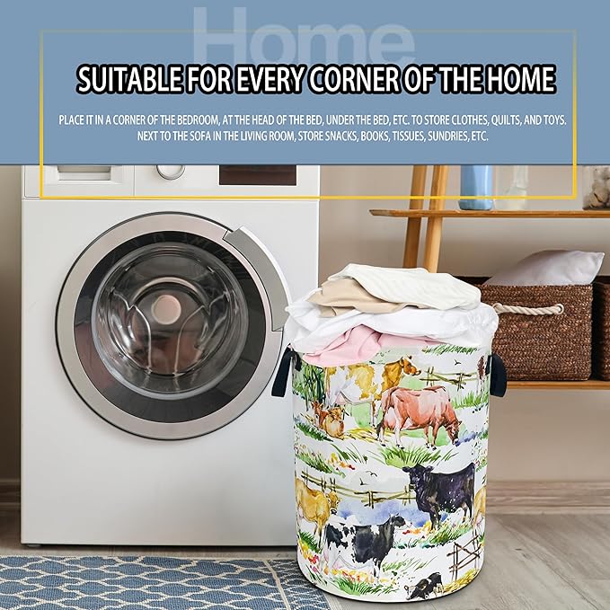 Cow Laundry Basket Farm Animals Foldable Waterproof Oxford Cloth Funny Tote Bag Laundry Hamper Clothes Storage Bucket Toy Organizer For Bathroom/Laundry Storage/Bedroom 18.9x16.5 Inch