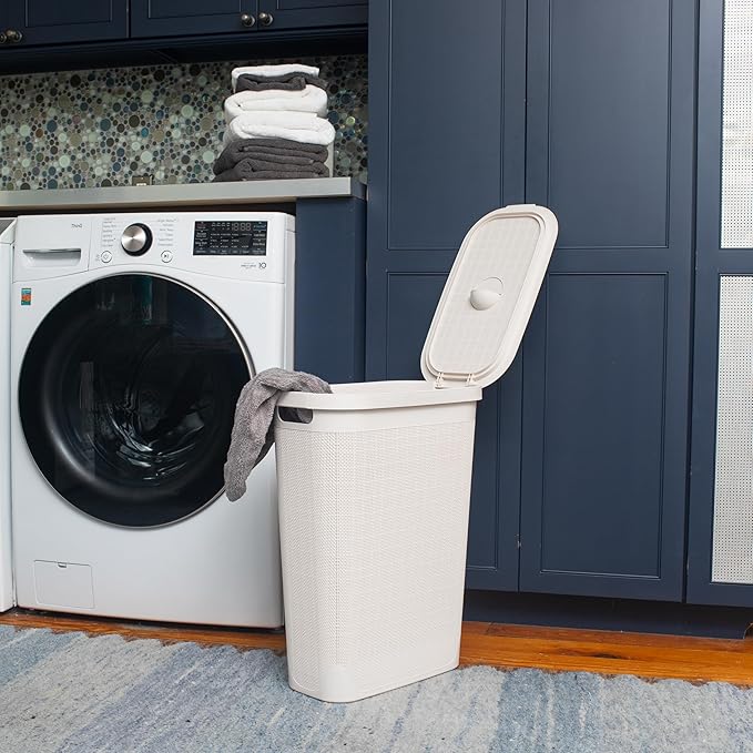Mind Reader Slim Laundry Hamper with Lid, 40L Clothes Basket, Linen Design, Plastic, Ivory