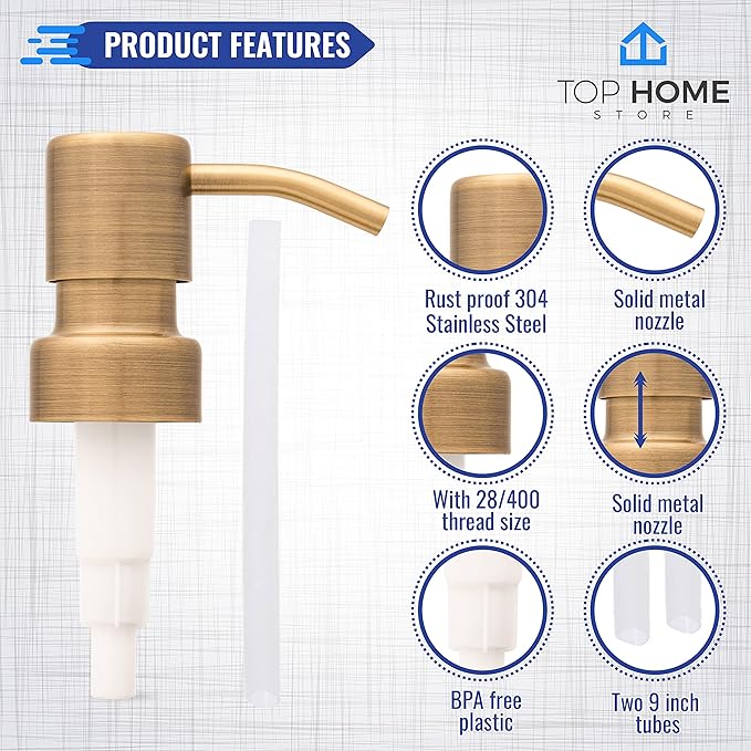 Stainless Steel Soap and Lotion Dispenser Pumps, Replacement for Your Bottles (Bronze, 2 Pack)